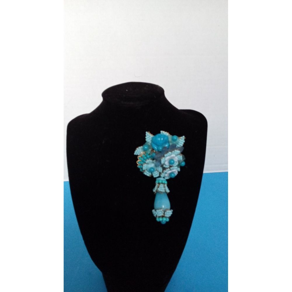 Vintage Turquoise Brooch Beaded Floral Dangle Pin Statement Jewelry